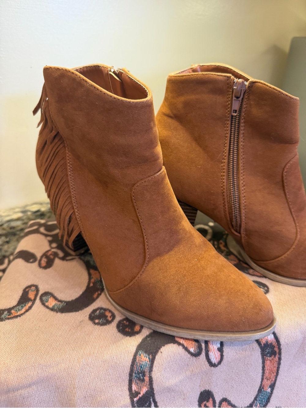 BAMBOO Rust Suede Fringe Ankle Booties